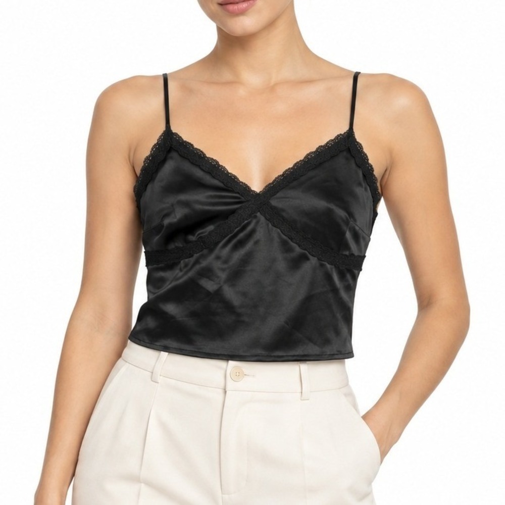 Colsie Camisole Women Medium Black Satin Lace Trim Adjustable Straps Cami Top